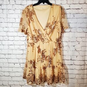 Southern Fried Chicks Tan and Mesh Rose Gold Sequined Dress Size XXXL